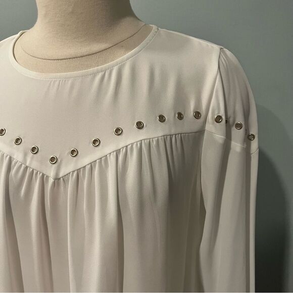 NWT Michael Kors White Crepe Long Sleeve Gold Eyelet Trim Blouse Size Small - Picture 3 of 7